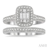 3/4 Ctw Baguette and Round Cut Diamond Bridal Set With 5/8 Ctw Cushion Shape Engagement Ring and 1/5 Ctw Wedding Band in 14K White Gold