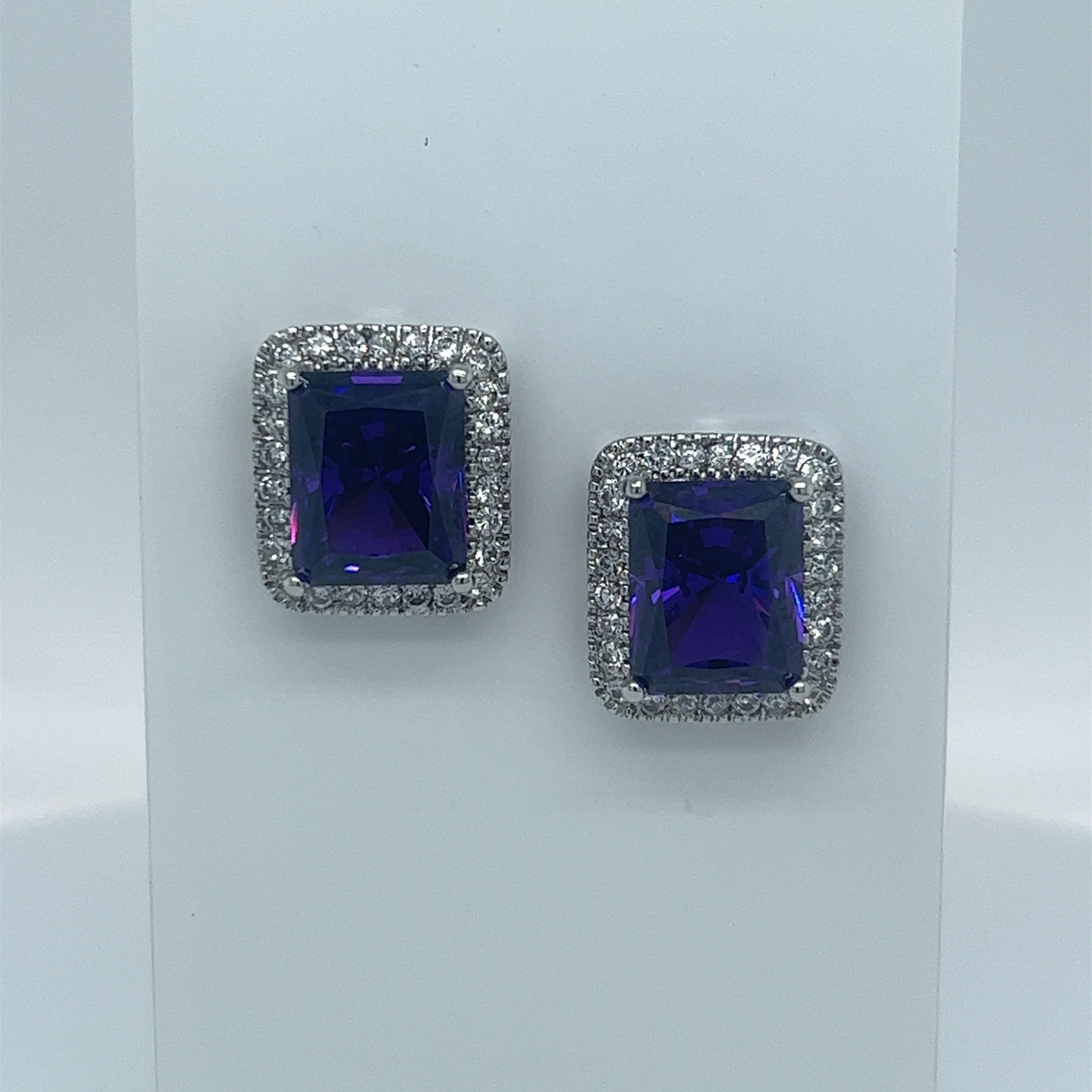 Sterling Silver and Emerald-cut Purple Cubic Zirconia Earrings