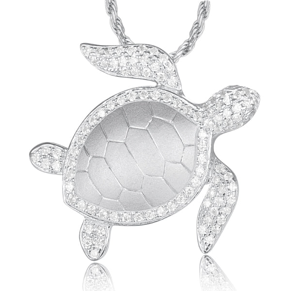 Life@Sea Genuine Sterling Silver & Pave Cubic Zirconia Sea Turtle Pendant Necklace with Sandblasted Shell