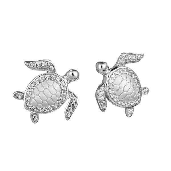 Life@Sea Genuine Sterling Silver Sea Turtle Stud Earrings with Sandblasted Shell and Cubic Zirconia Accents
