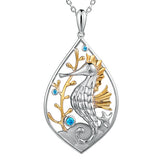 Life@Sea Genuine Sterling Silver and 14k Yellow Gold Seahorse Pendant Necklace with Synthetic Opal Accents
