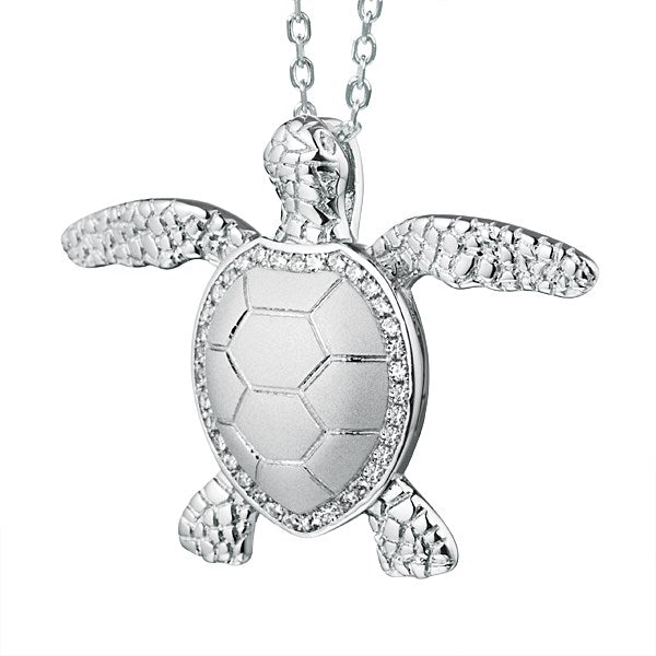 Life@Sea Genuine Sterling Silver Sea Turtle Pendant Necklace with Sandblasted Shell and Cubic Zirconia Accents