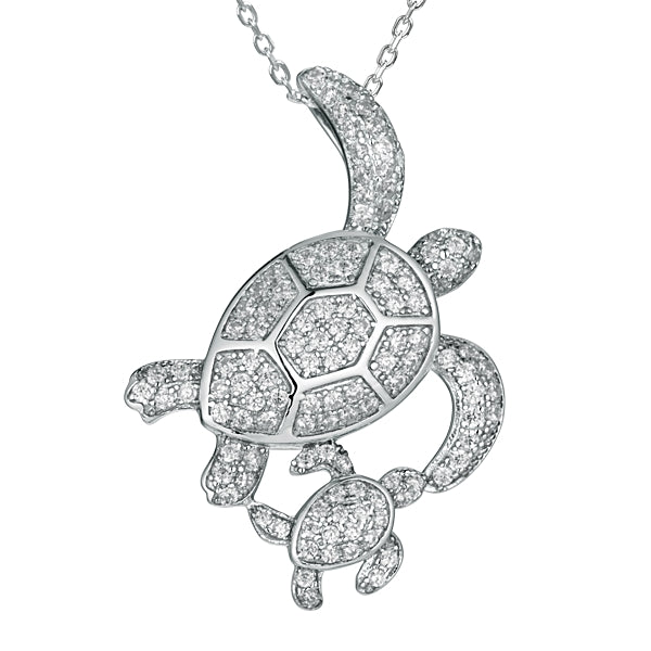 Life@Sea Genuine Sterling Silver and Pave Cubic Zirconia Double Sea Turtle Pendant Necklace