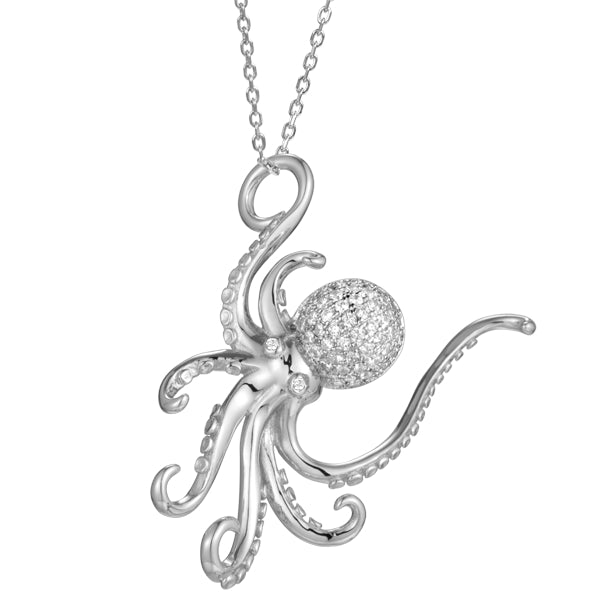 Life@Sea Genuine Sterling Silver Polished Octopus Pendant Necklace with Pave Cubic Zirconia Accents