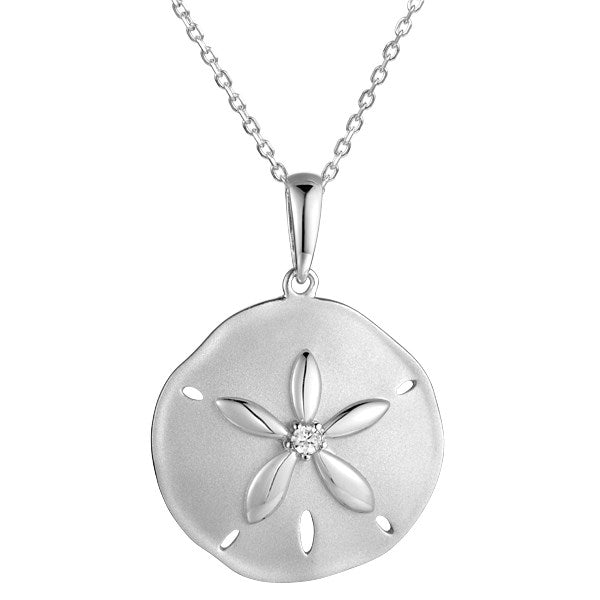 Life@Sea Genuine Sterling Silver Sandblasted & Polished Sand Dollar Pendant Necklace with Cubic Zirconia Center
