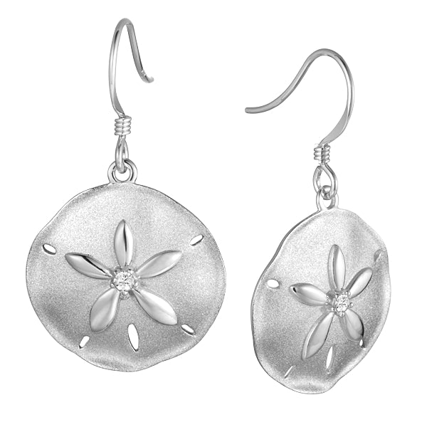 Life@Sea Genuine Sterling Silver Sandblasted & Polished Sand Dollar Dangle Earrings with Cubic Zirconia Center