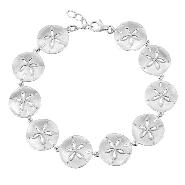 Life@Sea Genuine Sterling Silver Sandblasted & Polished Sand Dollar Bracelet with Pave Cubic Zirconia Accents