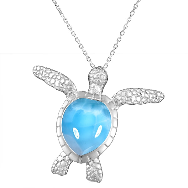 Life@Sea Genuine Sterling Silver Sandblasted Larimar/Abalone Turtle Pendant Necklace