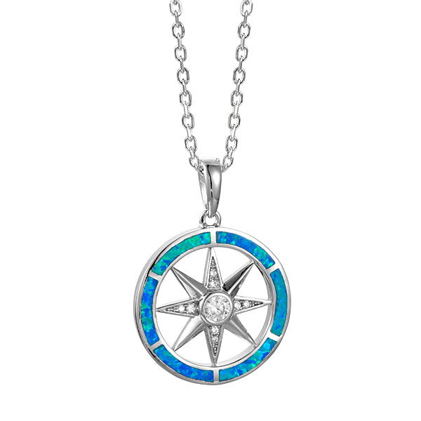 Life@Sea Genuine Sterling Silver Compass Rose Pendant Necklace with Larimar/Cubic Zirconia Center, Cubic Zirconia Accents, & Synthetic Opal Inlay