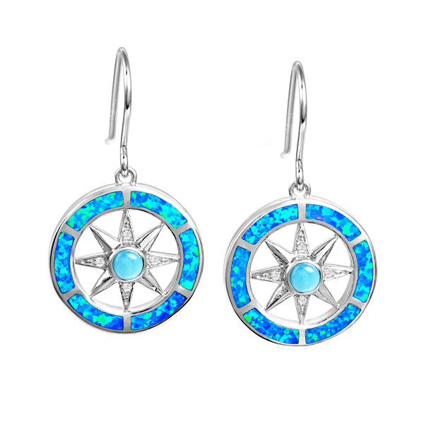 Life@Sea Genuine Sterling Silver Compass Rose Dangle Earrings with Larimar/Cubic Zirconia Center, Cubic Zirconia Accents, & Synthetic Opal Inlay
