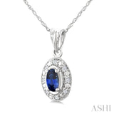 5x3 MM Oval Shape Sapphire and 1/20 Ctw Round Cut Diamond Pendant in 14K White Gold with Chain