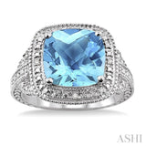 10x10 MM Cushion Shape Blue Topaz and 1/20 Ctw Round Cut Diamond Ring in Sterling Silver