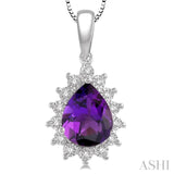 9x6 MM Pear Shape Amethyst and 1/10 Ctw Round Cut Diamond Semi-Precious Pendant in 10K White Gold