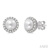 8 MM Cultured Pearls and 1/3 Ctw Round Cut Diamond Earrings in 14K White Gold
