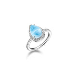 Life@Sea Genuine Sterling Silver Teardrop Larimar Ring with Cubic Zirconia Halo & Accents