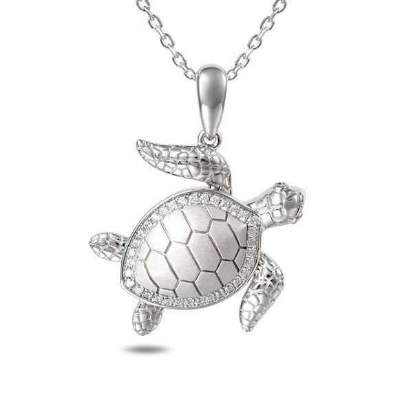 Life@Sea Genuine Sterling Silver Sandblasted Sea Turtle Pendant Necklace with Cubic Zirconia Accents