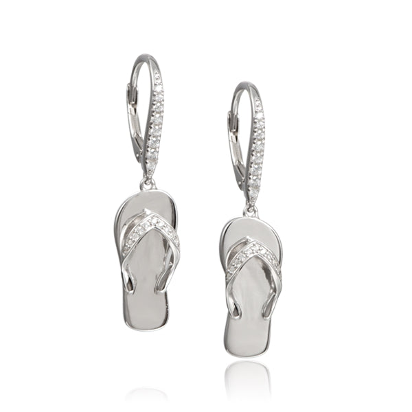 Life@Sea Genuine Polished Sterling Silver Flip-Flop Leverback Earrings with Cubic Zirconia Accents