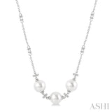8 MM Triple Cultured Pearls and 1/5 Ctw Round Cut Diamond Circular Mount Necklace in 14K White Gold