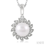 7x7 MM Round Shape Cultured Pearl and 1/10 Ctw Sunflower Round Cut Diamond Pendant With Chain in 10K White Gold