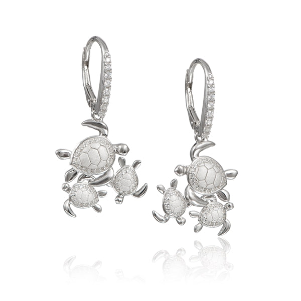 Life@Sea Genuine Sterling Silver Triple Sea Turtle Leverback Earrings with Cubic Zirconia Accents