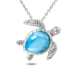 Life@Sea Genuine Sterling Silver Larimar/Synthetic Opal Cabochon Sea Turtle Pendant Necklace