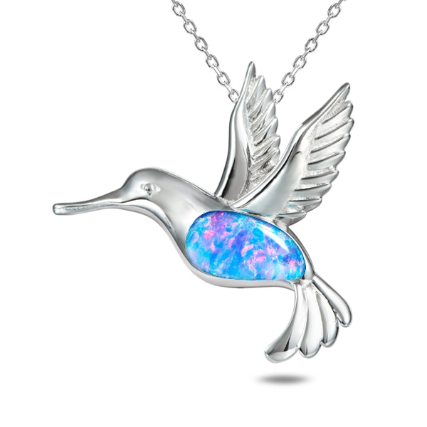 Life@Sea Genuine Sterling Silver & Larimar/Synthetic Opal Hummingbird Pendant Necklace