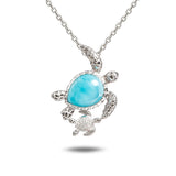 Life@Sea Genuine Sterling Silver & Larimar Cabochon Double Sea Turtle Pendant Necklace