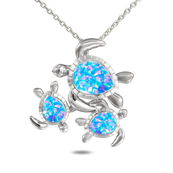 Life@Sea Genuine Sterling Silver and Synthetic Opal/Larimar Triple Sea Turtle Pendant Necklace