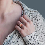 6X4 MM Oval Shape & 1.5 MM Round Cut Ruby and 3/8 Ctw Round Cut Diamond Floral Precious Ring in 14K Yellow Gold