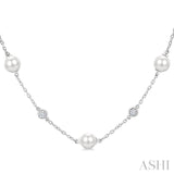 5 MM Round Shape Cultured Pearl and 1/4 Ctw Round Cut Diamond Station Necklace in 14K White Gold
