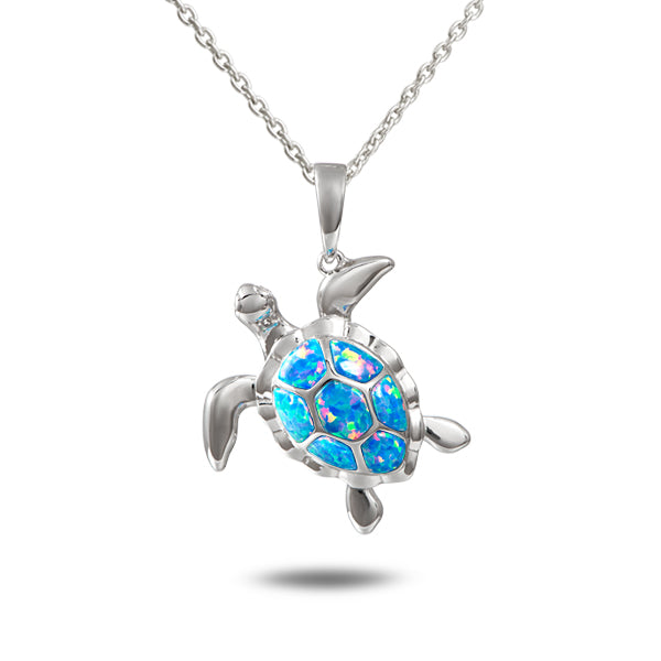 Life@Sea Genuine Sterling Silver Sea Turtle Pendant Necklace with Synthetic Opal Inlay