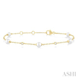 1/20 Ctw 4 MM Cultured Pearl and Round Cut Diamond Fashion Station Bracelet in 14K Yellow Gold