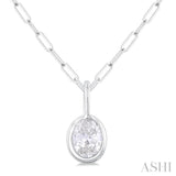 1/5 ctw Oval Cut Bezel Set Diamond Fashion Pendant With Paper Clip Chain in 14K White Gold