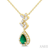 6x4 MM Pear Cut Emerald and 1/5 ctw Scatter Baguette & Single Cut Halo Diamond Precious Pendant With Chain in 10K Yellow Gold