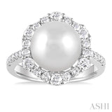 10MM Cultured Pearl and 3/4 Ctw Hexagon Shape Round Cut Diamond Ring in 14K White Gold