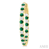 2.1MM Round Emerald and 1 ctw Round Cut Diamond Inside & Outside Alternating Precious Hoop Earrings in 14K Yellow Gold