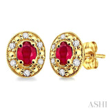 4x3 MM Oval Shaped Ruby and 1/10 Ctw Single Cut Diamond Earrings in 10K Yellow Gold