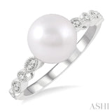 1/10 ctw 8x8MM Cultured Pearl and Round Cut Diamond Ring in 14K White Gold