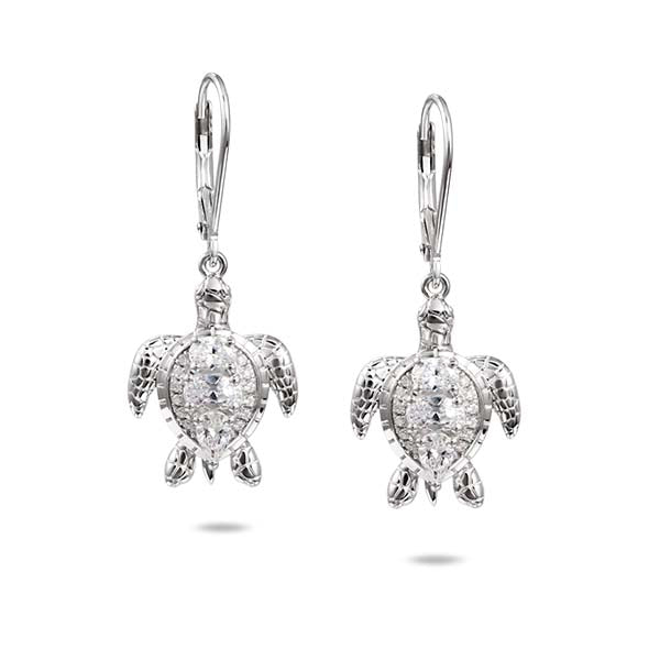 Life@Sea Genuine Sterling Silver & Cubic Zirconia Pave & 3-stone Sea Turtle Leverback Earrings