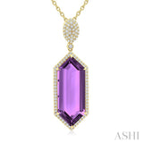 26X10 MM Evoque Gemstones Hexagon Shape Amethyst and 1/2 Ctw Round Cut Diamond Halo Semi-Precious Pendant With Chain in 14K Yellow Gold