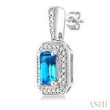 6X4 MM Octagon Shape Blue Topaz and 1/50 Ctw Single Cut Diamond Semi-Precious Earrings in Sterling Silver