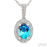 7X5 MM Oval Shape Blue Topaz and 1/50 Ctw Round Cut Diamond Semi-precious Pendant With Chain in Sterling Silver