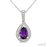 7X5 MM Pear Shape Amethyst and 1/50 Ctw Single Cut Diamond Semi-precious Pendant With Chain in Sterling Silver