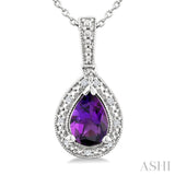 7X5 MM Pear Shape Amethyst and 1/50 Ctw Single Cut Diamond Semi-precious Pendant With Chain in Sterling Silver