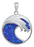 Genuine Sterling Silver Evening Tide Collection Round Frame Wave Pendant Necklace with Synthetic Opal Inlay