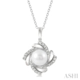 1/50 Ctw Swirl Round Cut Diamond & 7x7MM Cultured Pearl Pendant With Chain in Sterling Silver