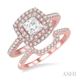5/8 Ctw Diamond Wedding Set in 14K With 1/2 Ctw Cushion Shape Double Row Engagement Ring in Rose and White Gold and 1/8 Ctw Wedding Band in Rose Gold