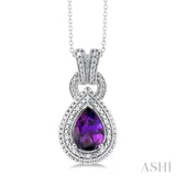 1/20 ctw Pear Cut 10X7MM Amethyst and Round Cut Diamond Semi Precious Pendant With Chain in Sterling Silver