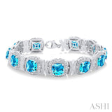 1/10 ctw Cushion Cut 7X7MM Blue Topaz and Round Cut Diamond Semi Precious Bracelet in Sterling Silver